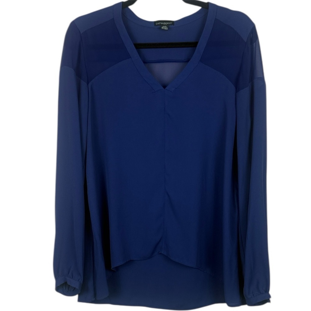 Cynthia Rowley Deep Blue Flowy Casual Sheer V-Neck Long Sleeve Small Blouse